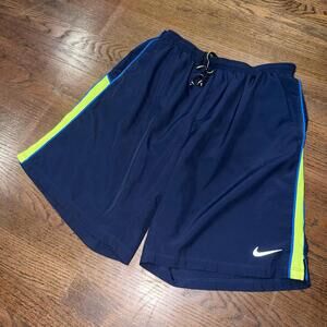 Nike Running Dri-Fit Blue/Yellow Volt Athletic Shorts Mens LG Vintage Y2K 90s